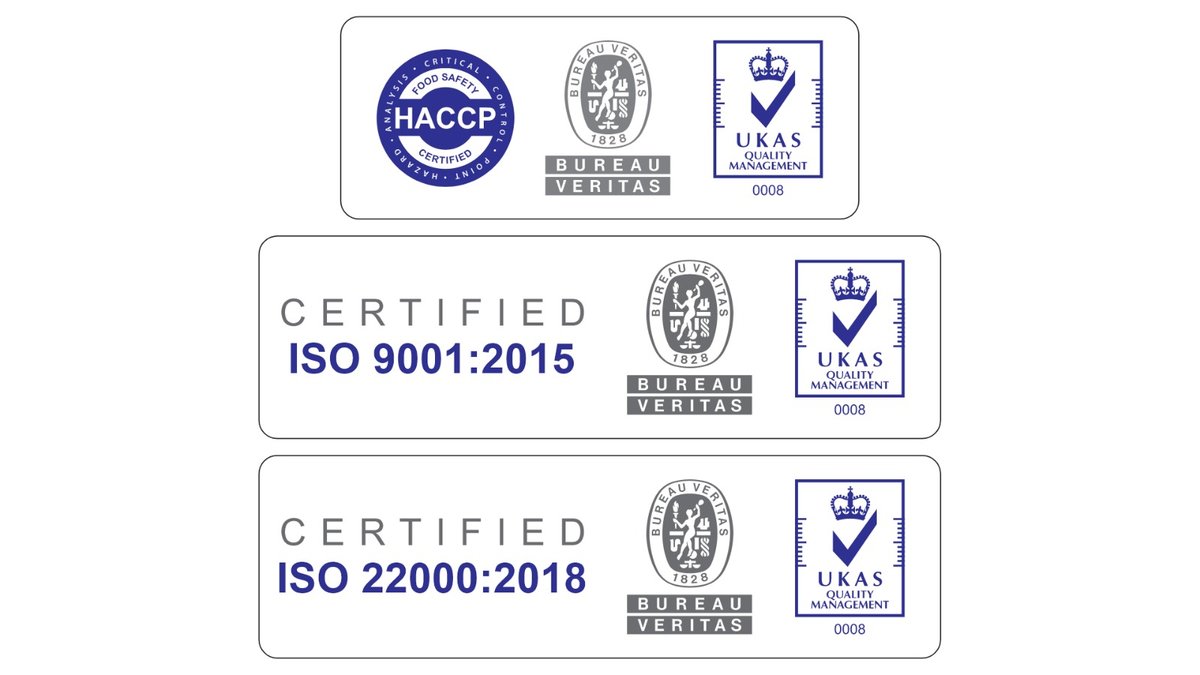 HACCP, ISO 9001:2015 and ISO 22000:2018 certification badges