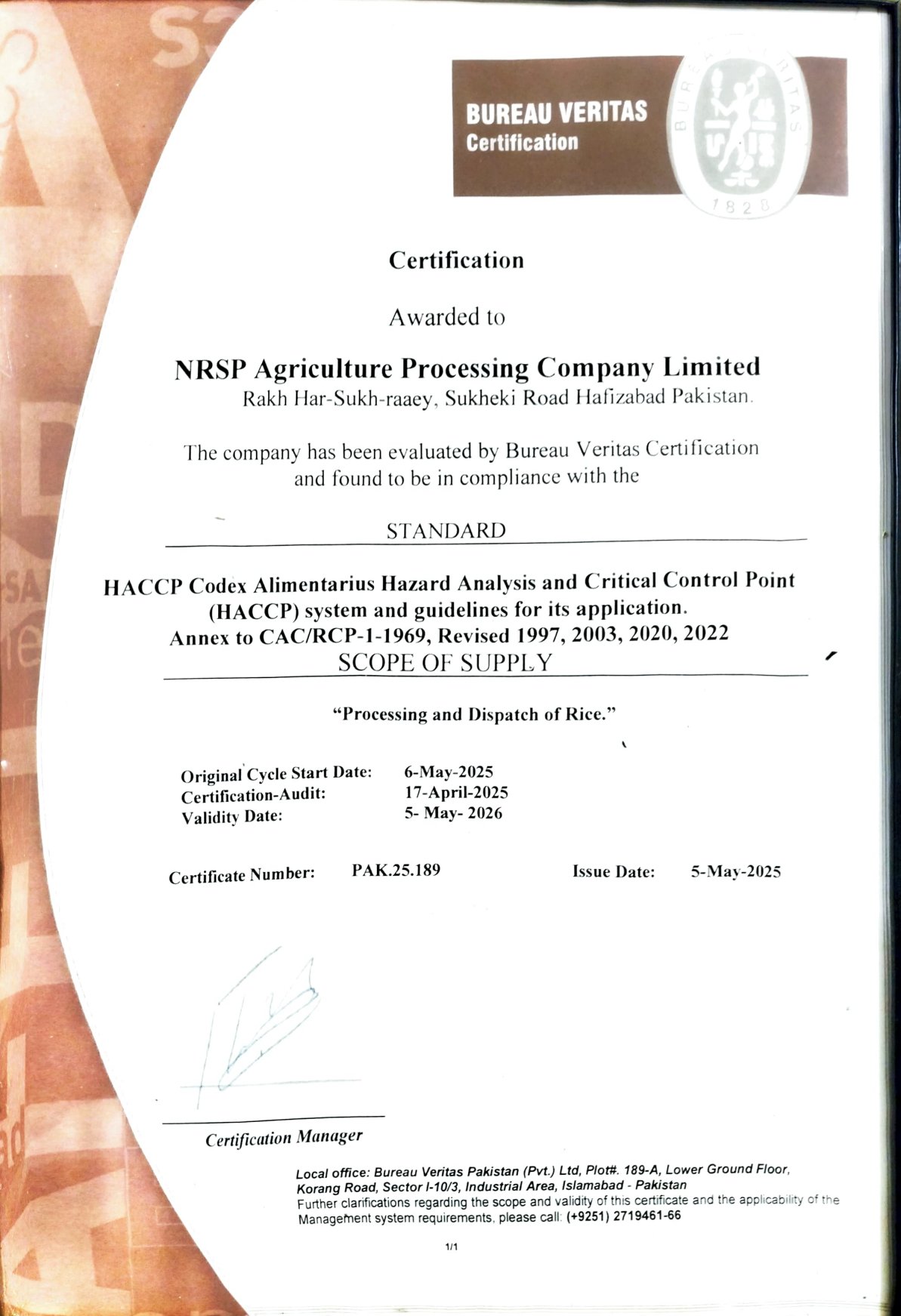HACCP certificate