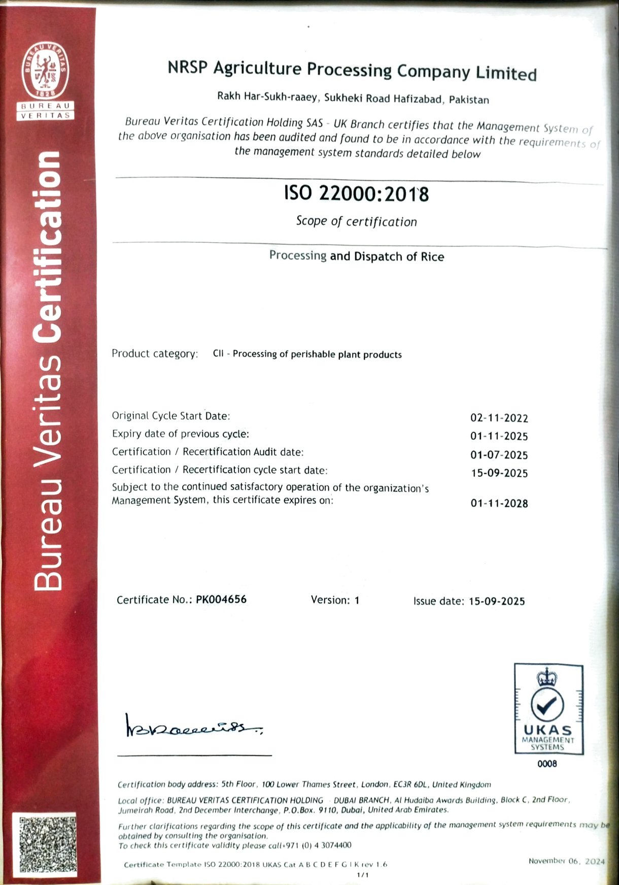 ISO 22000:2018 certificate